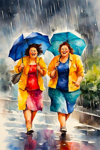 2 sociable ladies walking under an umbrella