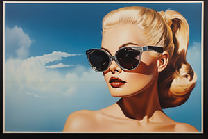 Filmplakat aus den 1950er Jahren, das eine schöne 40-jährige blonde Frau mit Sonnenbrille und Pferdeschwanz im Retro-Vintage-Kunststil zeigt