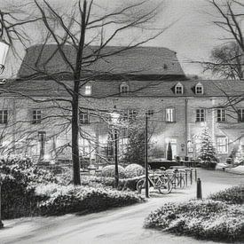 Elsloo le soir en hiver avec de la neige au fusain sur Maurice Meerten