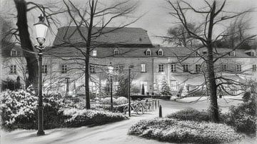 Elsloo am Abend im Winter mit Schnee in Holzkohle