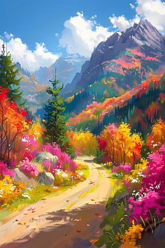 Kleurrijk herfstlandschap met bloemen en bergen van De Muurdecoratie