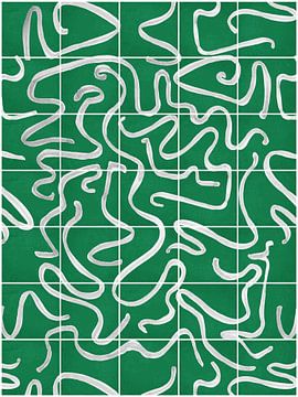 Modern en abstracte lijnen op een tegelpatroon, groen - wit van Mijke Konijn