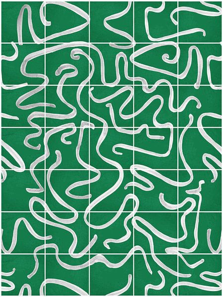 Moderne und abstrakte Linien auf einem Kachelmuster, grün - weiß von Mijke Konijn