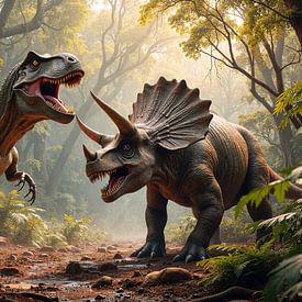 CONFRONTEX : Les dinosaures Tyrannosaurus Rex et Triceratops se font face dans la jungle sur INFERAURUM