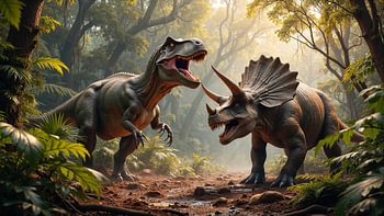 Fantasy Wall Art: CONFRONTEX - De dinosauriërs Tyrannosaurus Rex en Triceratops ontmoeten elkaar in