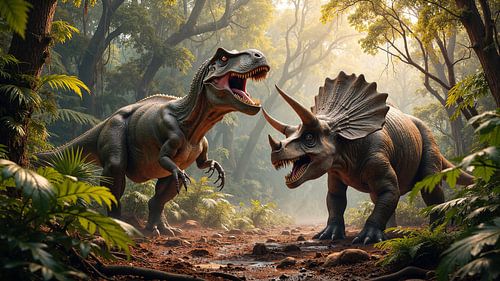 CONFRONTEX - De dinosauriërs Tyrannosaurus Rex en Triceratops ontmoeten elkaar in de jungle