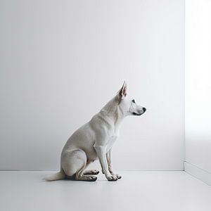 Chien devant un mur blanc