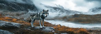 Wolf im schroffen schottischen Hochland, wilde Schönheit im Kontrast