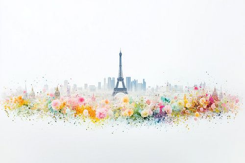Minimalistisches Kunstwerk: Eiffelturm mit pastellfarbener Blumenexplosion