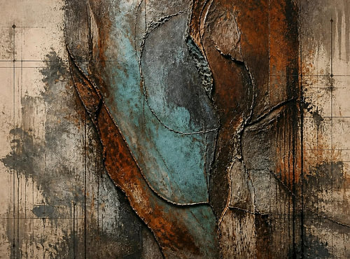 Industriële reliëfcompositie met patina en bouwlijnen