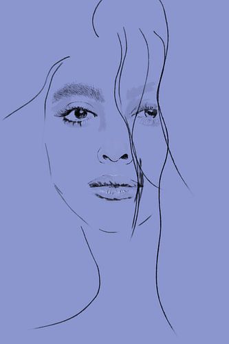 Fashionista II in een lijntekening - Modieus portret van een prachtige vrouw in blauw  paars