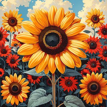 Pop Art Gestileerde zonnebloemen met levendige kleuren van Felix Brönnimann