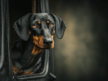 De Zwarte Teckel bij het Open Raam | Fluisteraar van Nachtelijke Avonturen