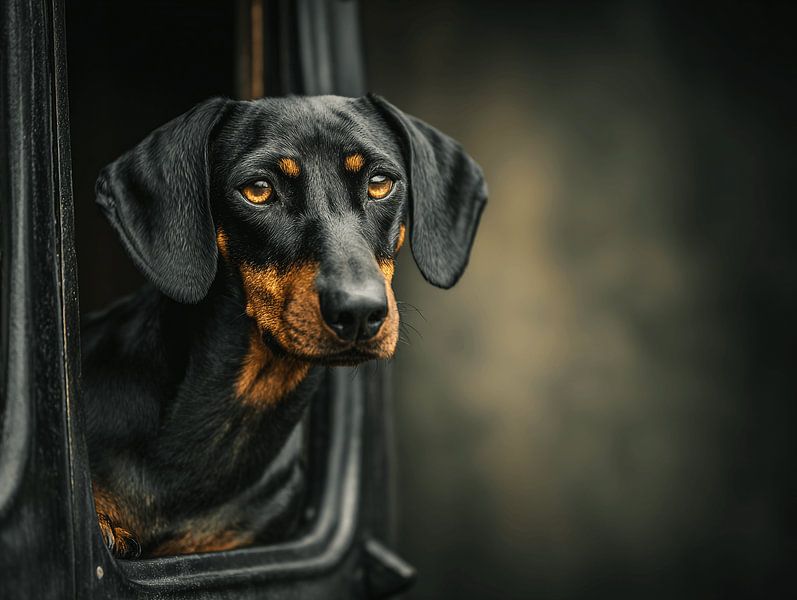 Le teckel noir à la fenêtre ouverte | Chuchoteur d'aventures nocturnes par Karina Brouwer