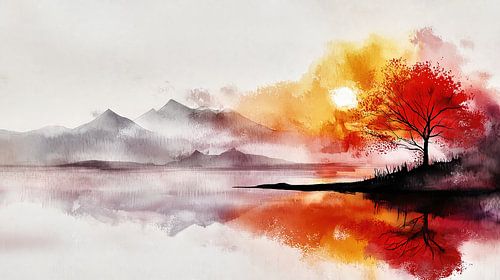 Rode boom in het meer bij zonsondergang