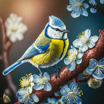 Blaumeise im Frühling auf einem Ast, Illustration von Animaflora PicsStock