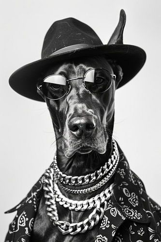 Stijlvolle Doberman met hoed en zonnebril in zwart en wit