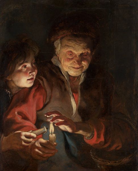 Painting, Old woman and boy with candles by Atelier Liesjes
