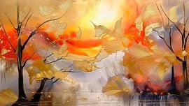 Abstract Baumlandschaft in flammendem Gold und Orange von Studio Pieternel