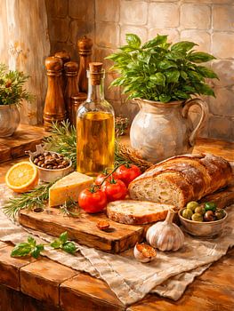 Rustikales Brot und Olivenöl ein mediterranes Küchenstillleben