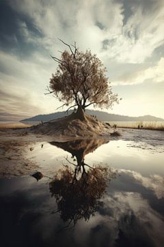 Eenzame boom in een surrealistisch landschap 3 van Digitale Schilderijen