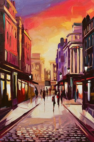 Stadsstraat bij zonsondergang