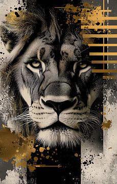 abstract lion head with shades of gold, black and grey by Jan Bechtum
