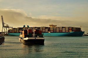 Containerschip en binnenvaartschip, Maasvlakte 2, Rotterdam