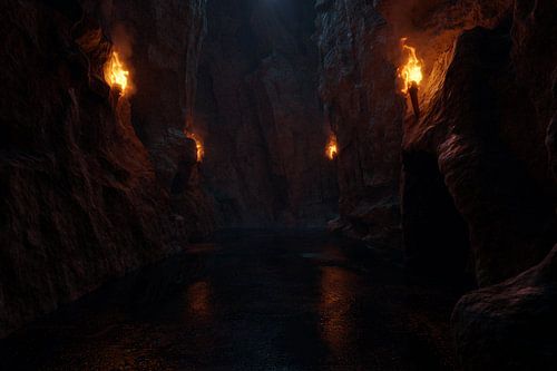 Passage par une grotte sombre avec des torches allumées