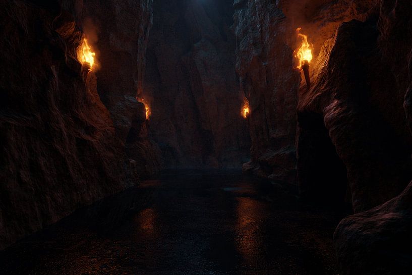 Passage through a dark cave with burning torches by Besa Art