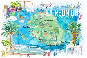 La Reunion Illustrierte Inselreisekarte mit touristischen Highlights