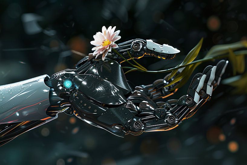 Bras robotisé avec fleur en équilibre délicat par Imperial Art House