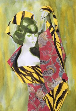 Geisha in Red Kimono van Helia Tayebi Art