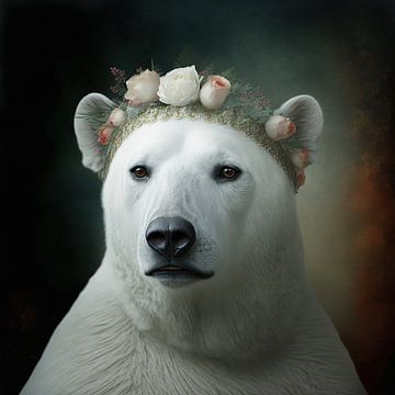 Portrait polar bear with summer flowers by Vlindertuin Art