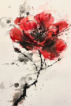 Abstracte aquarel schilderij van een rode bloem van Art & Soul Creations
