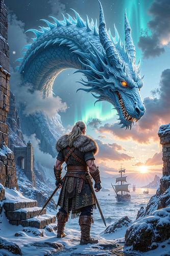 Fantasy Gothic Wall Art: SKAELDRYN - A Blue Dragon Above a Viking Harbour