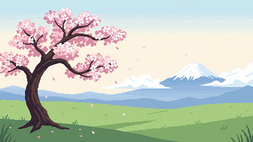 Pixel-Art-Frühlingslandschaft mit Kirschblütenbaum und dem Berg Fuji