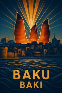 Baku Aserbaidschan Skyline Druck - Flamme Türme & Kaspisches Meer Kunst Poster