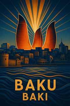 Baku Azerbaijan Skyline Print – Flame Towers & Caspian Sea Art Poster by Travel Shop