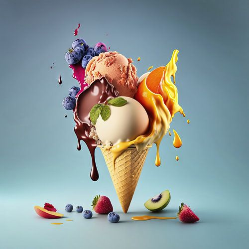 Colourful ice cream with fruit on blue