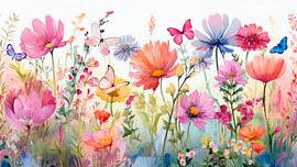 Cheerful field with summer flowers and colourful butterflies by Studio Pieternel