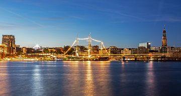 Hamburg City Skyline with museum ship Rickmer Rickmers- Panorama in the blue hour