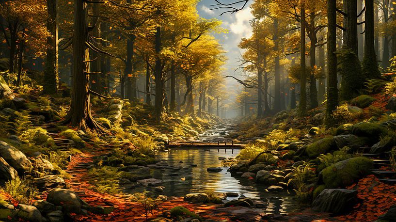 Automne dans la forêt avec rivière en arrière-plan par Animaflora PicsStock