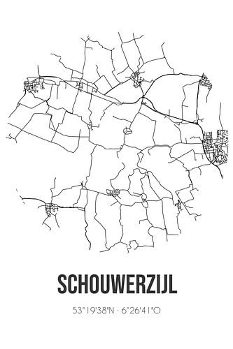 Schouwerzijl (Groningen) | Karte | Schwarz und weiß