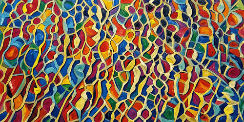 'Banen door het Kleurenrijk': un tableau abstrait et coloré, orné d'un motif en mosaïque
