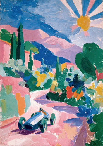 A blue racing car on a pink road in a summery mountain landscape
