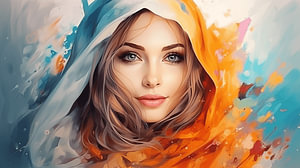 Porträt einer lächelndem muslimischen Frau mit  buntem Kopftuch Aquarell-Kunst Design