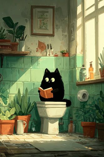 Chat noir sur les toilettes, en train de lire tranquillement
