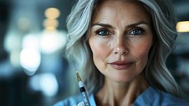 Doctor holds a syringe with medication in her hand by Frank Heinz