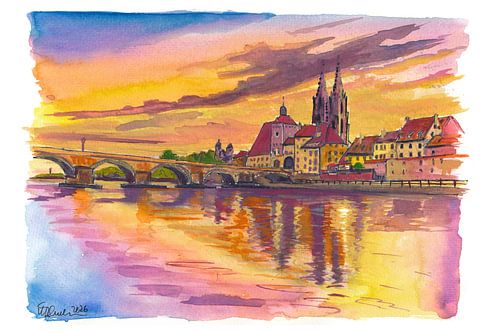 Regensburger Steinbrücke und Dom Reise Kunst Donauufer